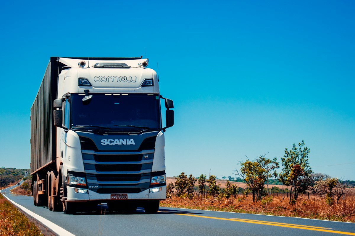 Camión portacontenedor en carretera internacional